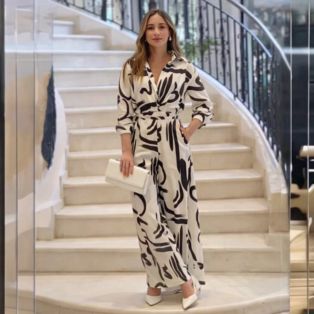 Women's Elegant 2-Piece Outfit - Long Sleeve Top and Wide Leg Pants White