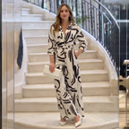 Women's Elegant 2-Piece Outfit - Long Sleeve Top and Wide Leg Pants White