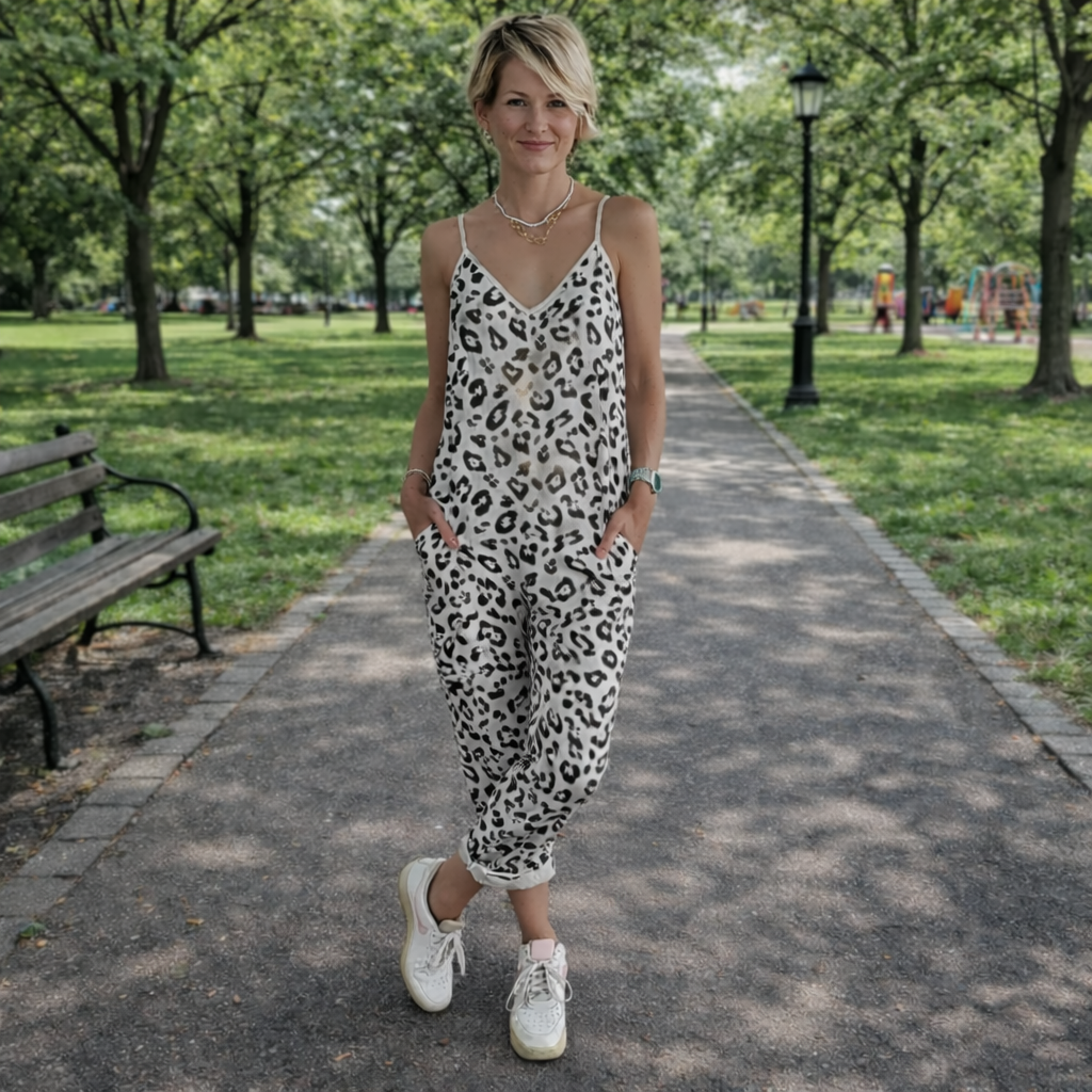 Women's Jumpsuit with Straps - Casual Summer Leopard Print