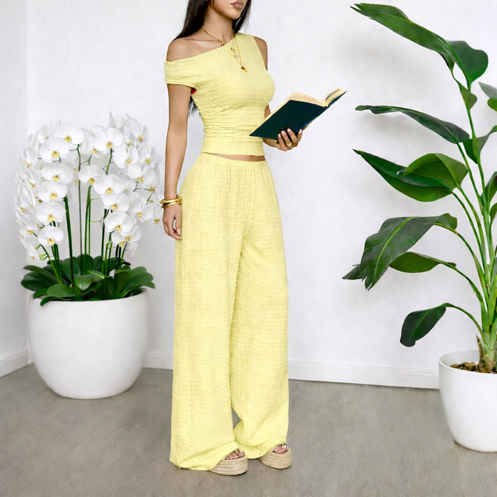 Completo Donna 2 Pezzi - Pantaloni a Gamba Larga e Top a Maniche 3/4