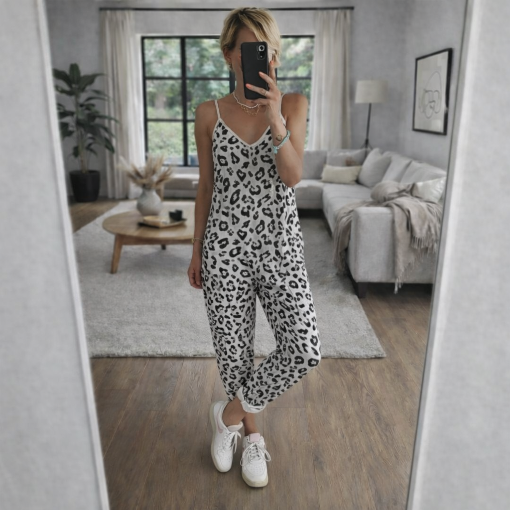 Women's Jumpsuit with Straps - Casual Summer Leopard Print