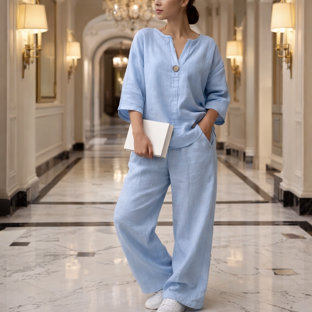 Women's 2-Piece Outfit – Long Sleeve Top and Cotton Linen Trousers