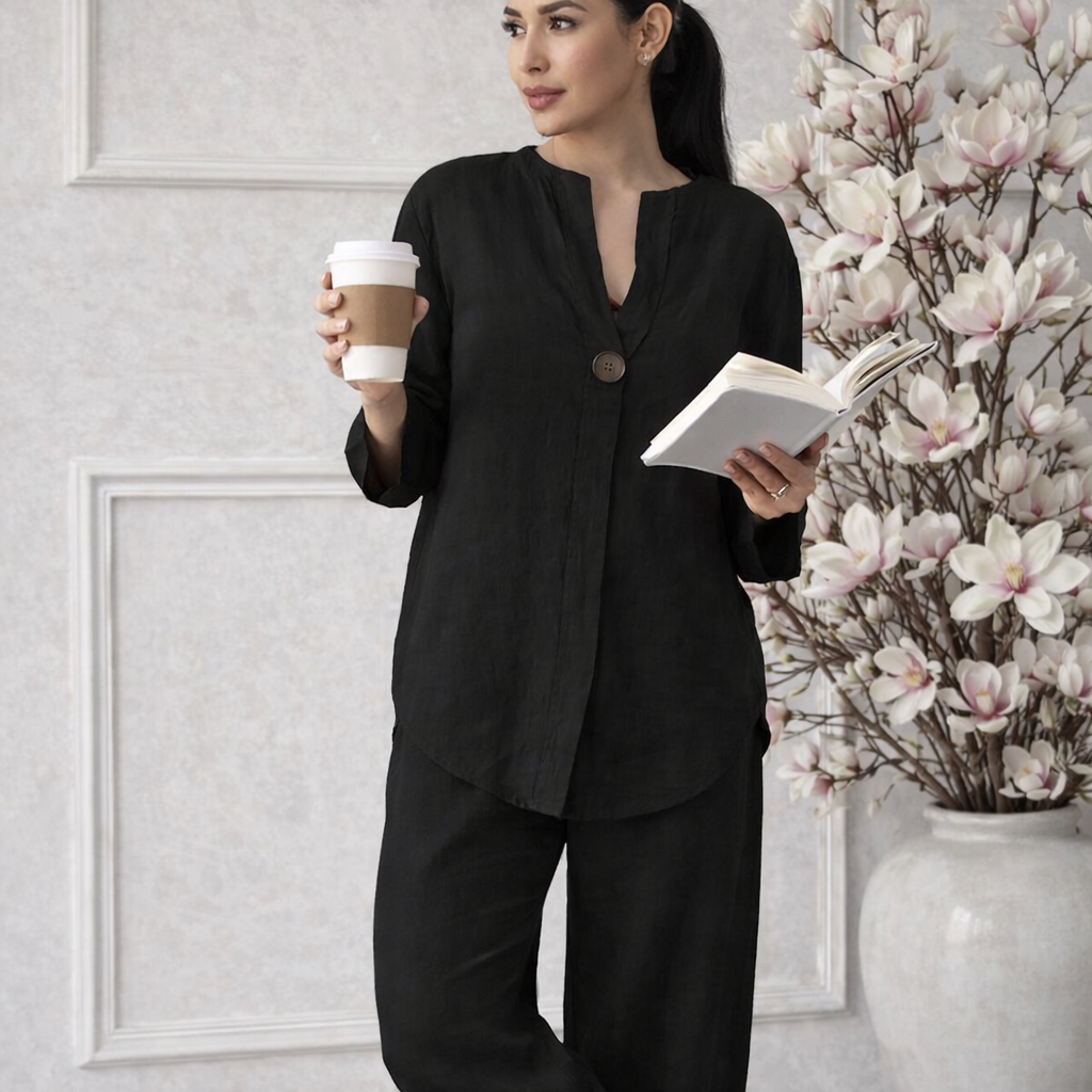 Women's 2-Piece Outfit – Long Sleeve Top and Cotton Linen Trousers
