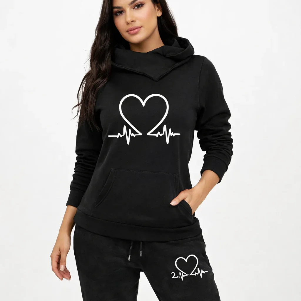 Women's Athletic Set - Hoodie and Heart Print Pants
