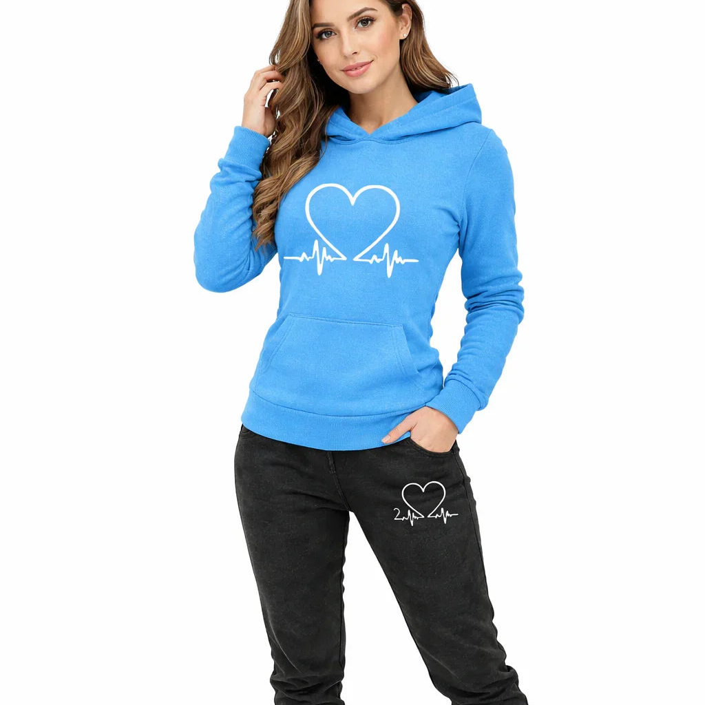 Women's Athletic Set - Hoodie and Heart Print Pants