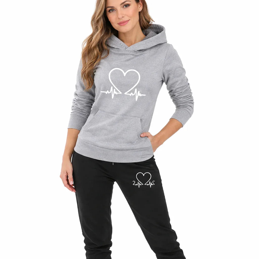 Women's Athletic Set - Hoodie and Heart Print Pants