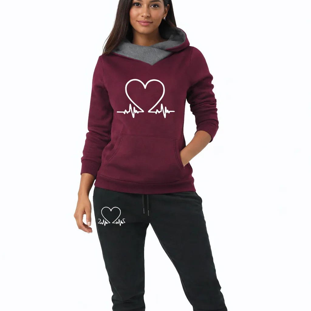 Women's Athletic Set - Hoodie and Heart Print Pants