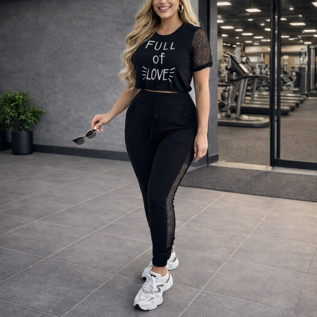 Women's 2-Piece Athletic Set - Short Sleeve Mesh Top and Pants