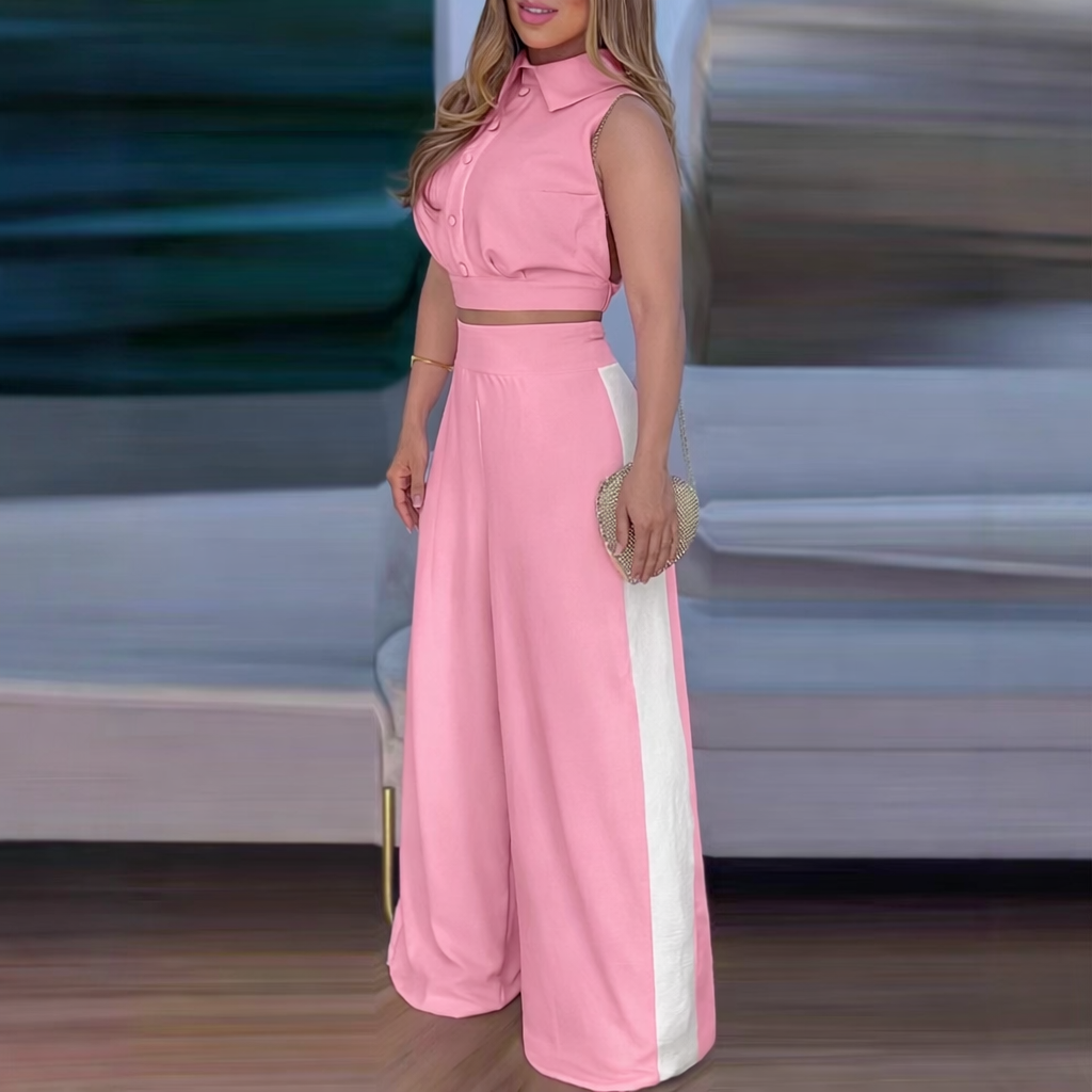 Completo Donna 2 Pezzi - Top Bottoni e Pantaloni Wide-Leg