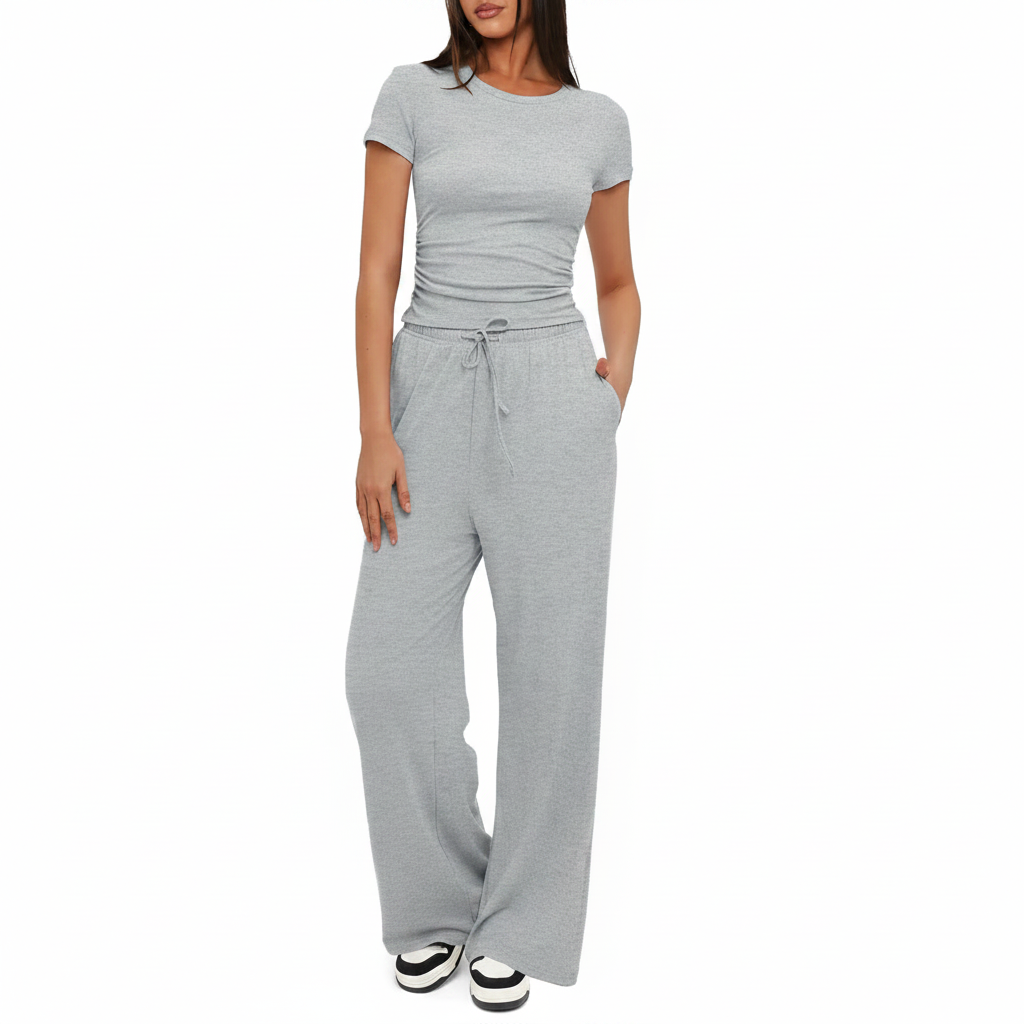 Completo Casual Donna 2 Pezzi - Top Plissettato e Pantaloni Wide-Leg Vita Alta