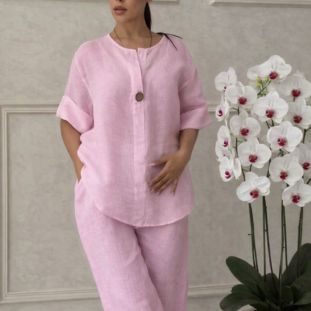 Women's 2-Piece Outfit – Long Sleeve Top and Cotton Linen Trousers