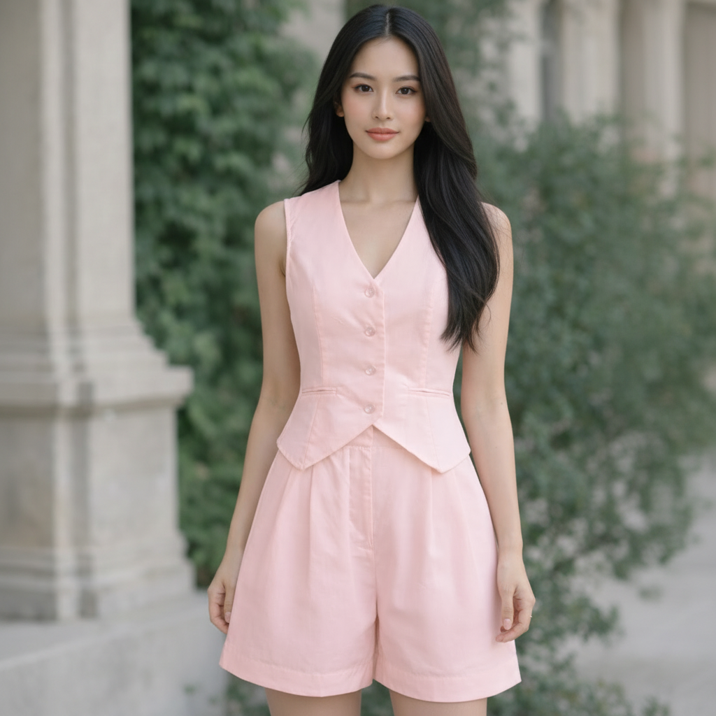 Women's 2-Piece Outfit – Cotton Linen V-Neck Vest and Shorts