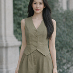 Women's 2-Piece Outfit – Cotton Linen V-Neck Vest and Shorts