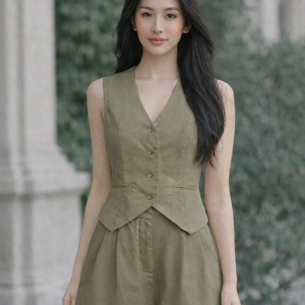 Women's 2-Piece Outfit – Cotton Linen V-Neck Vest and Shorts