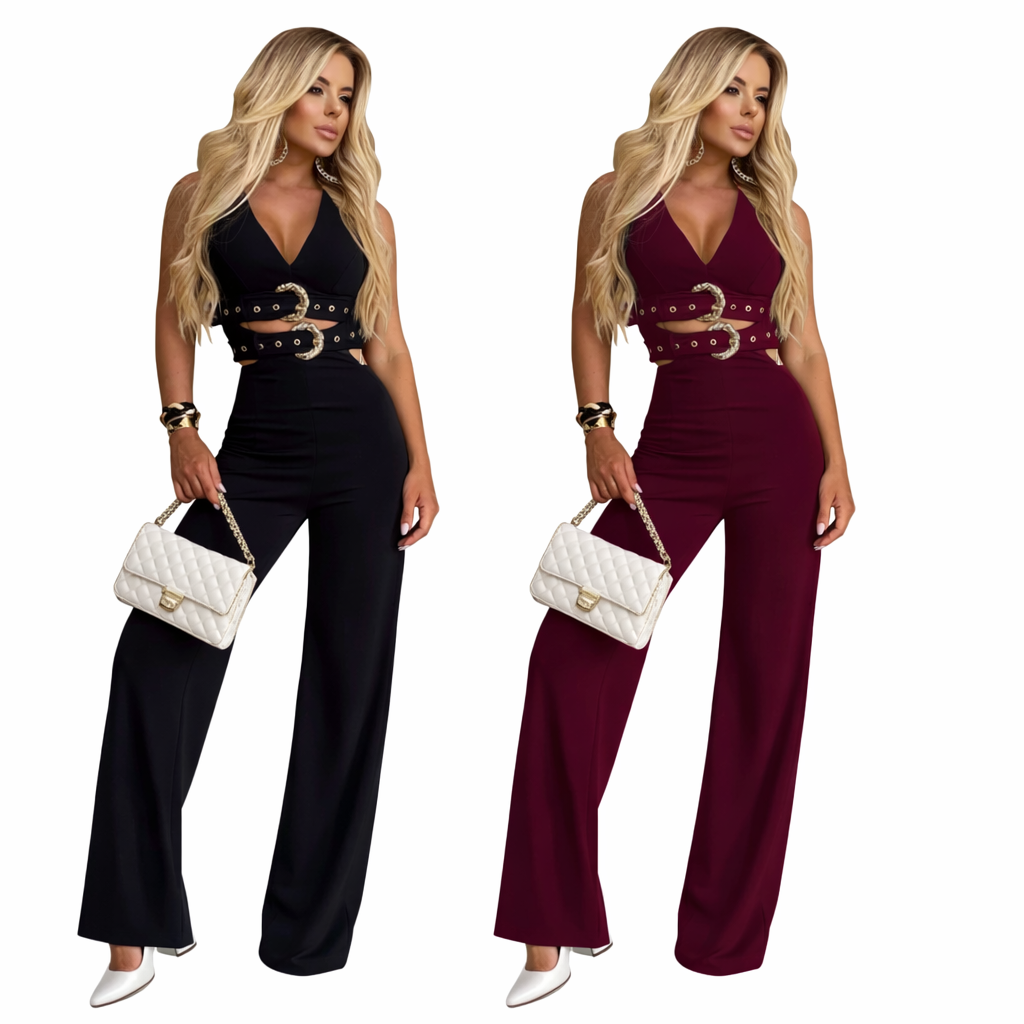 Elegant Women's Suit | V-Neck Top with Belt + Long Trousers