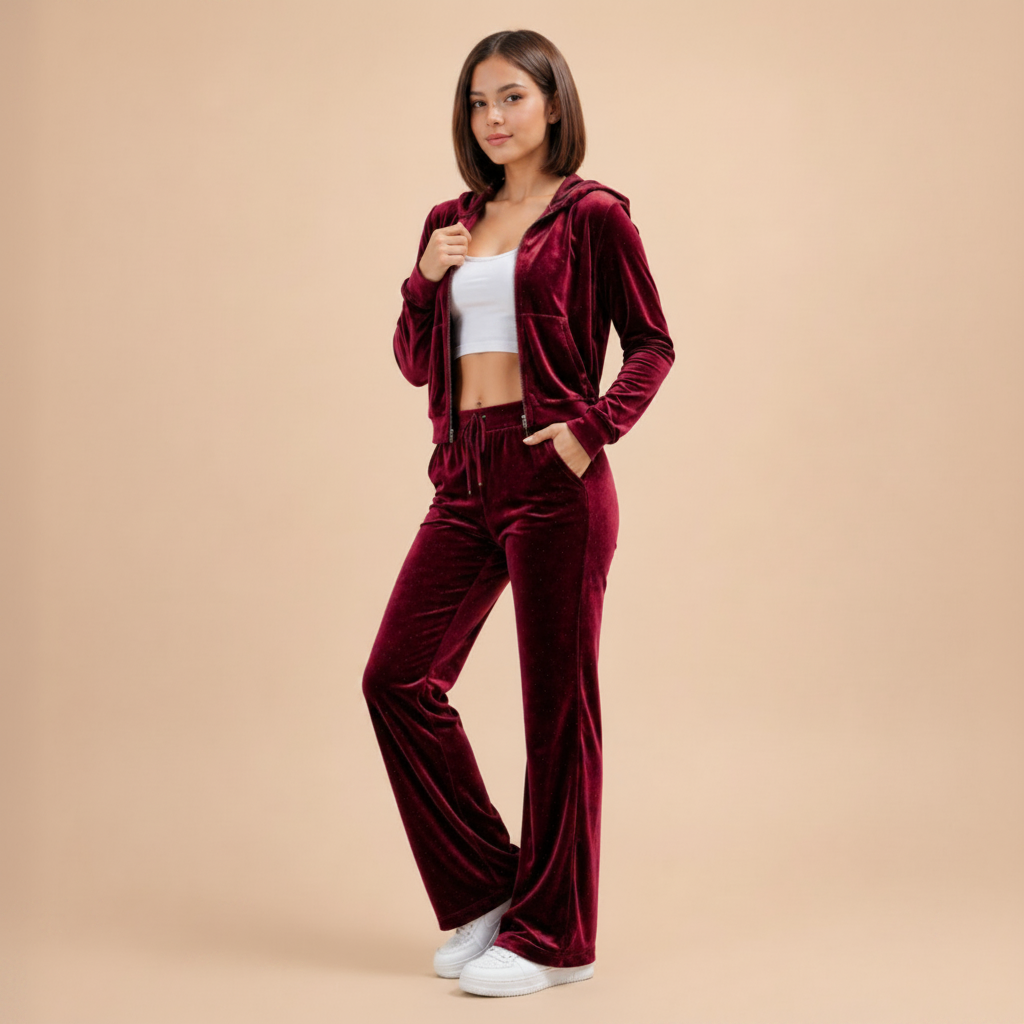 Women's Velvet Sportswear Set – Zip-Up Sweatshirt and Flare Pants | Lynoro