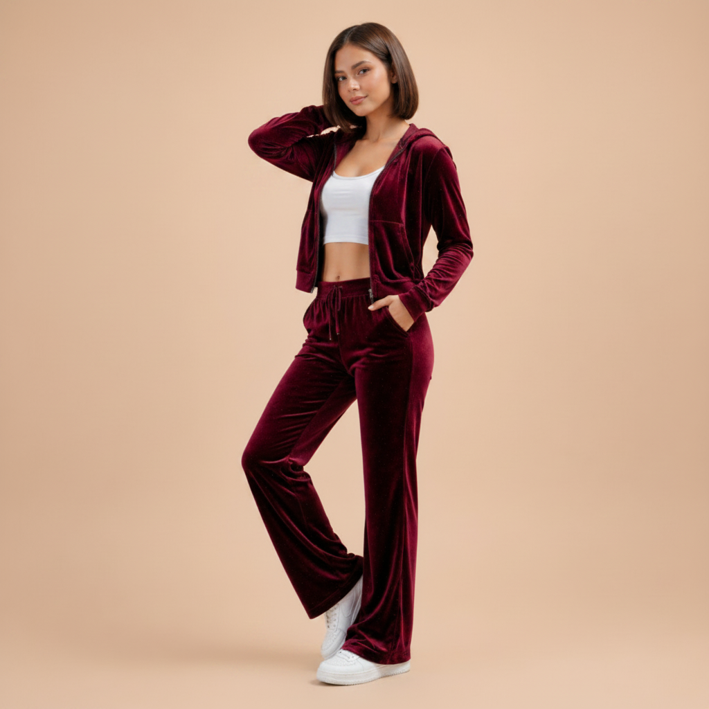 Women's Velvet Sportswear Set – Zip-Up Sweatshirt and Flare Pants | Lynoro