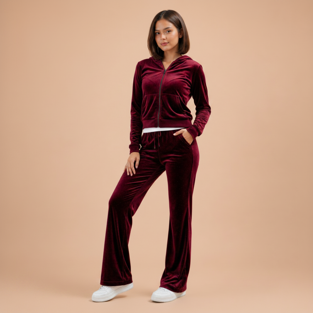 Women's Velvet Sportswear Set – Zip-Up Sweatshirt and Flare Pants | Lynoro