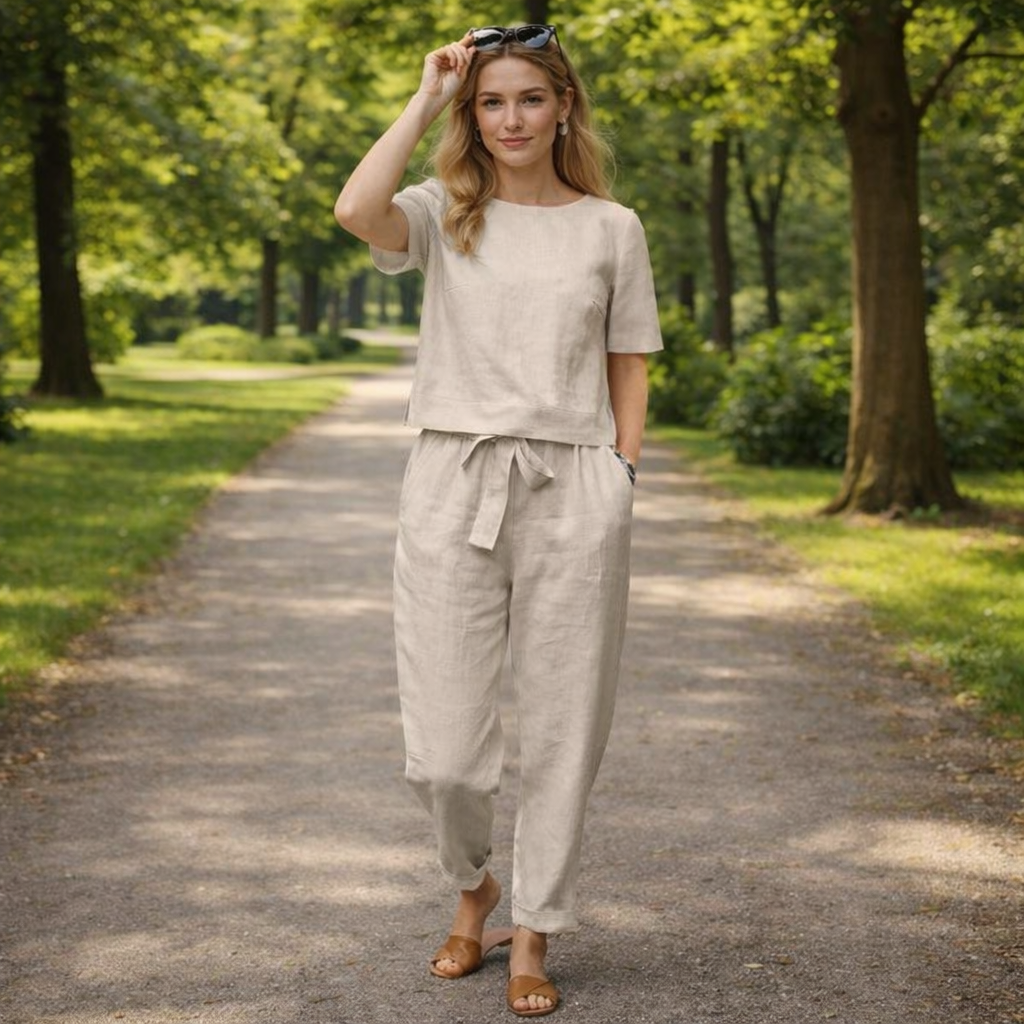 Vintage Women's Set – Oversized Short-Sleeve Tunic and Solid Color Wide-Leg Pants