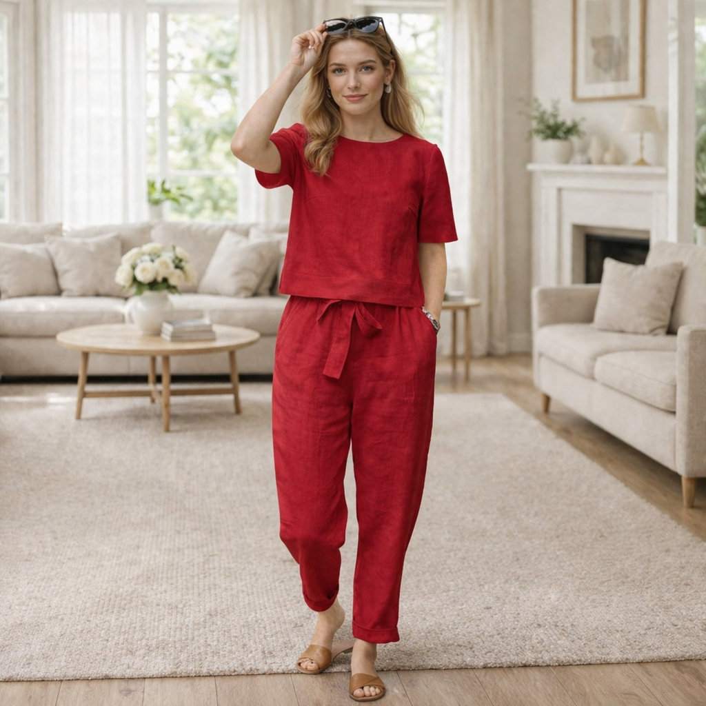 Vintage Women's Set – Oversized Short-Sleeve Tunic and Solid Color Wide-Leg Pants