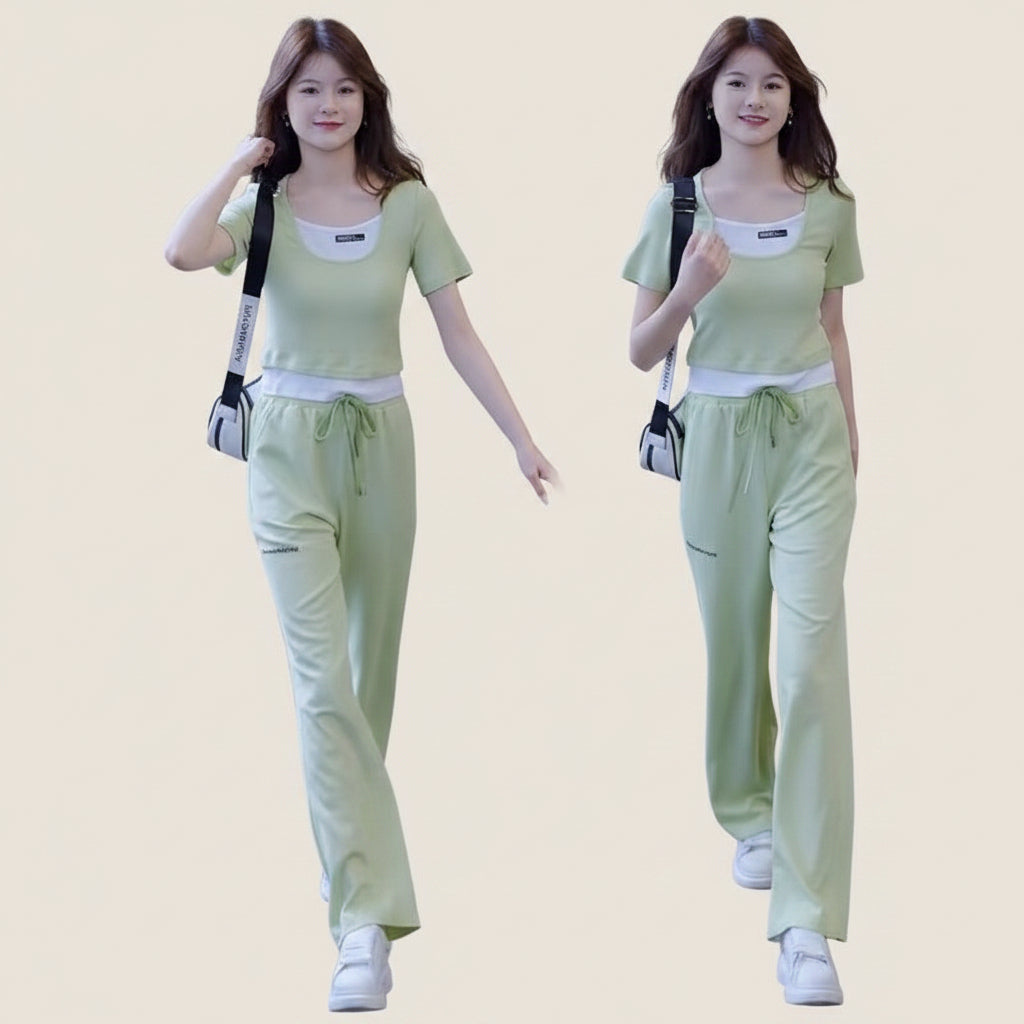 Women's 2-Piece Sporty Casual Outfit - Two-Piece Look Top and Wide-Leg Pants