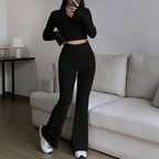 Women's Two-Piece Set | Zip Crop Top + High Waist Flared Trousers