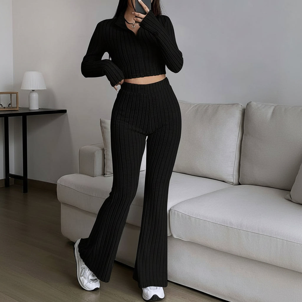 Women's Two-Piece Set | Zip Crop Top + High Waist Flared Trousers