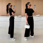 Completo Casual Donna 2 Pezzi - Top Maniche 3/4 e Pantaloni Wide-Leg con Cintura