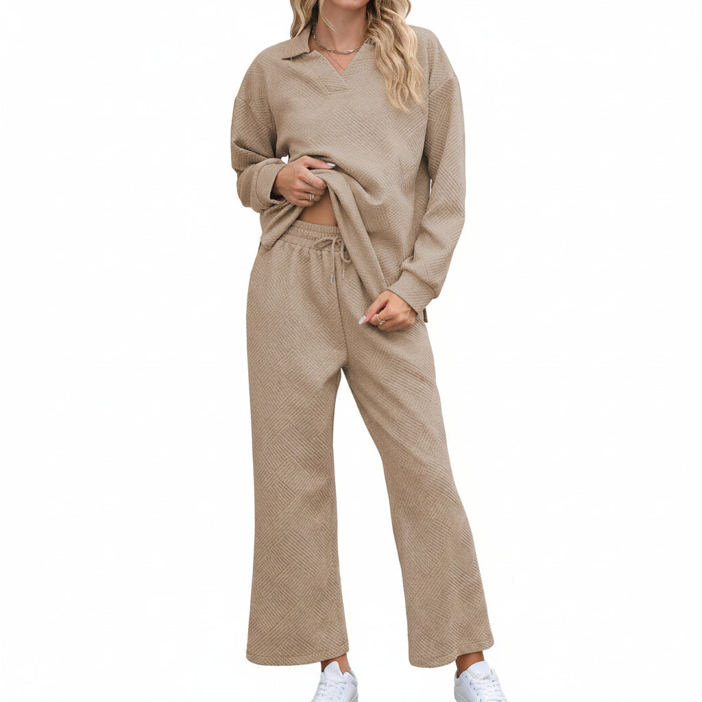 Women's Set - Long Sleeve Rolled Collar Sweatshirt and Elastic Waist Pants 5 Colors