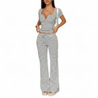 Women's 2-Piece Sporty Outfit - Button-Up Top and Black White Striped Pants