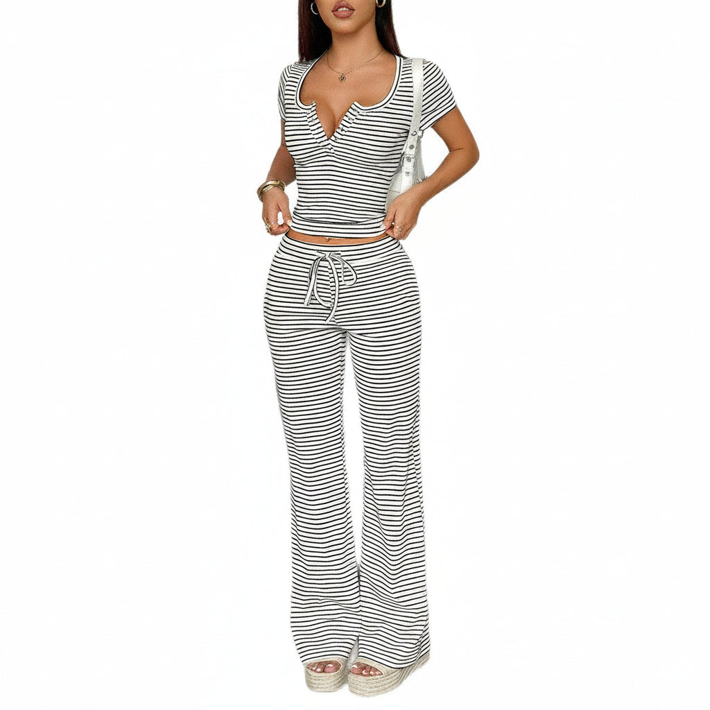 Women's 2-Piece Sporty Outfit - Button-Up Top and Black White Striped Pants