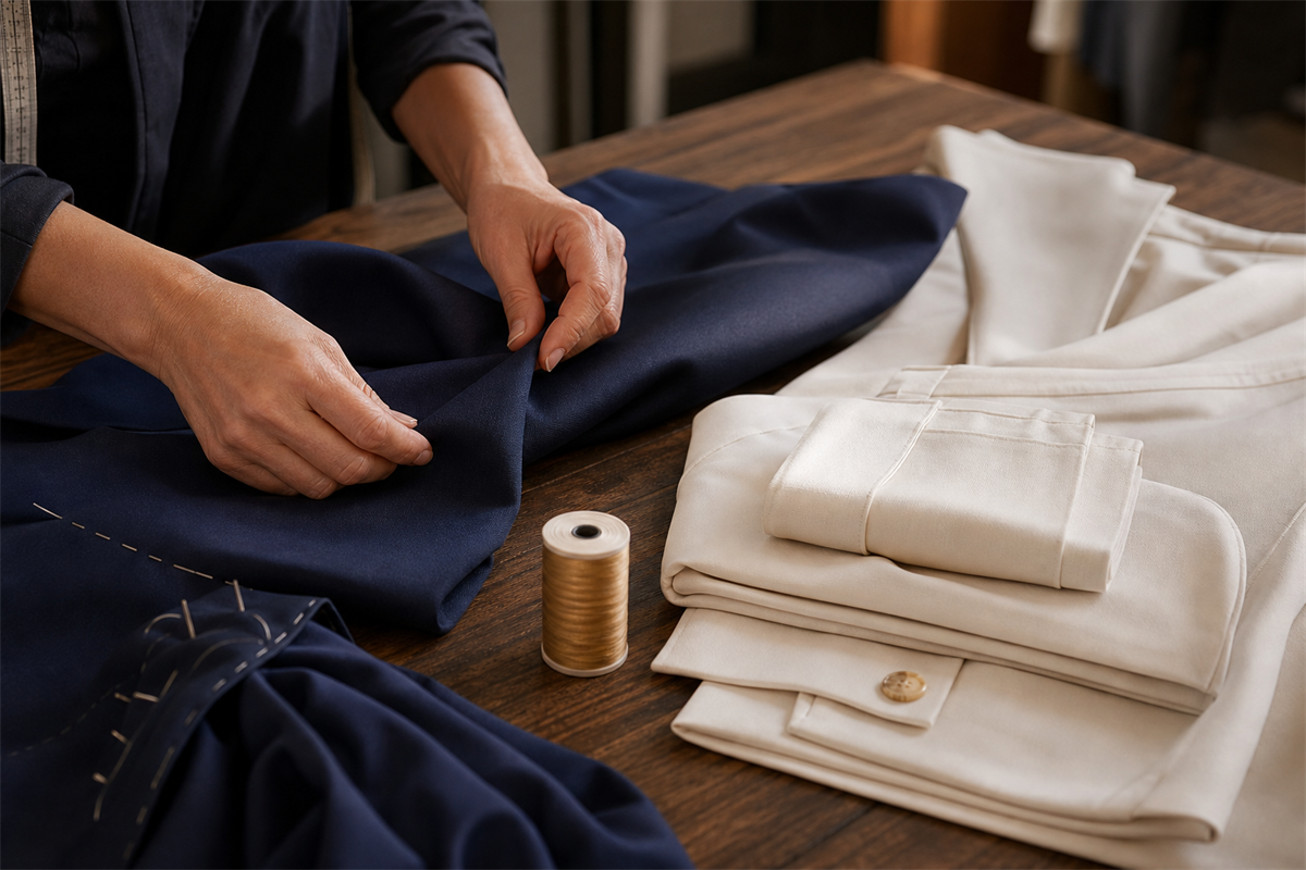Atelier LYNORO dettaglio fabbrica tailleur navy completo crema