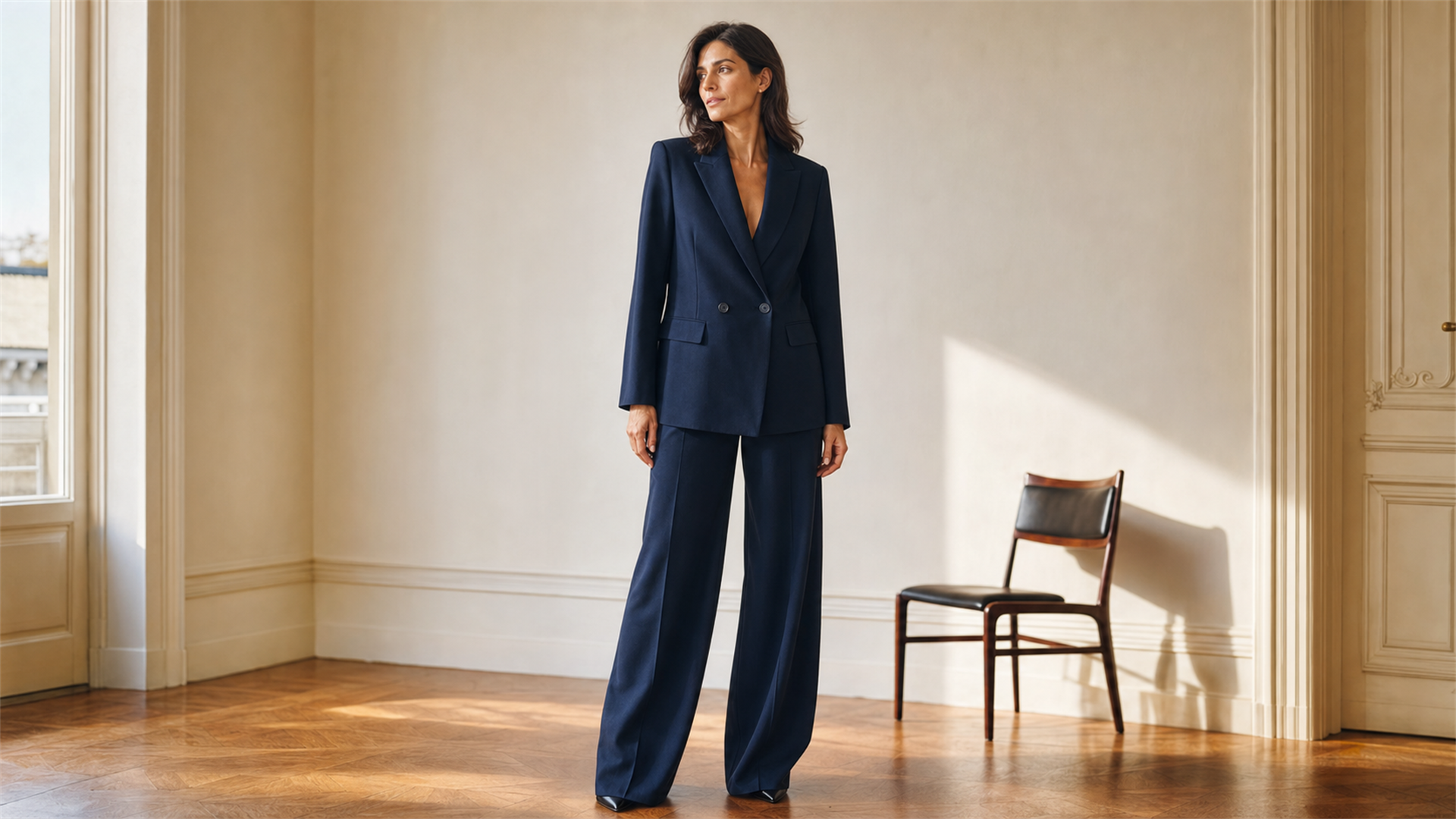 Donna in tailleur navy LYNORO interior crema soft natural light