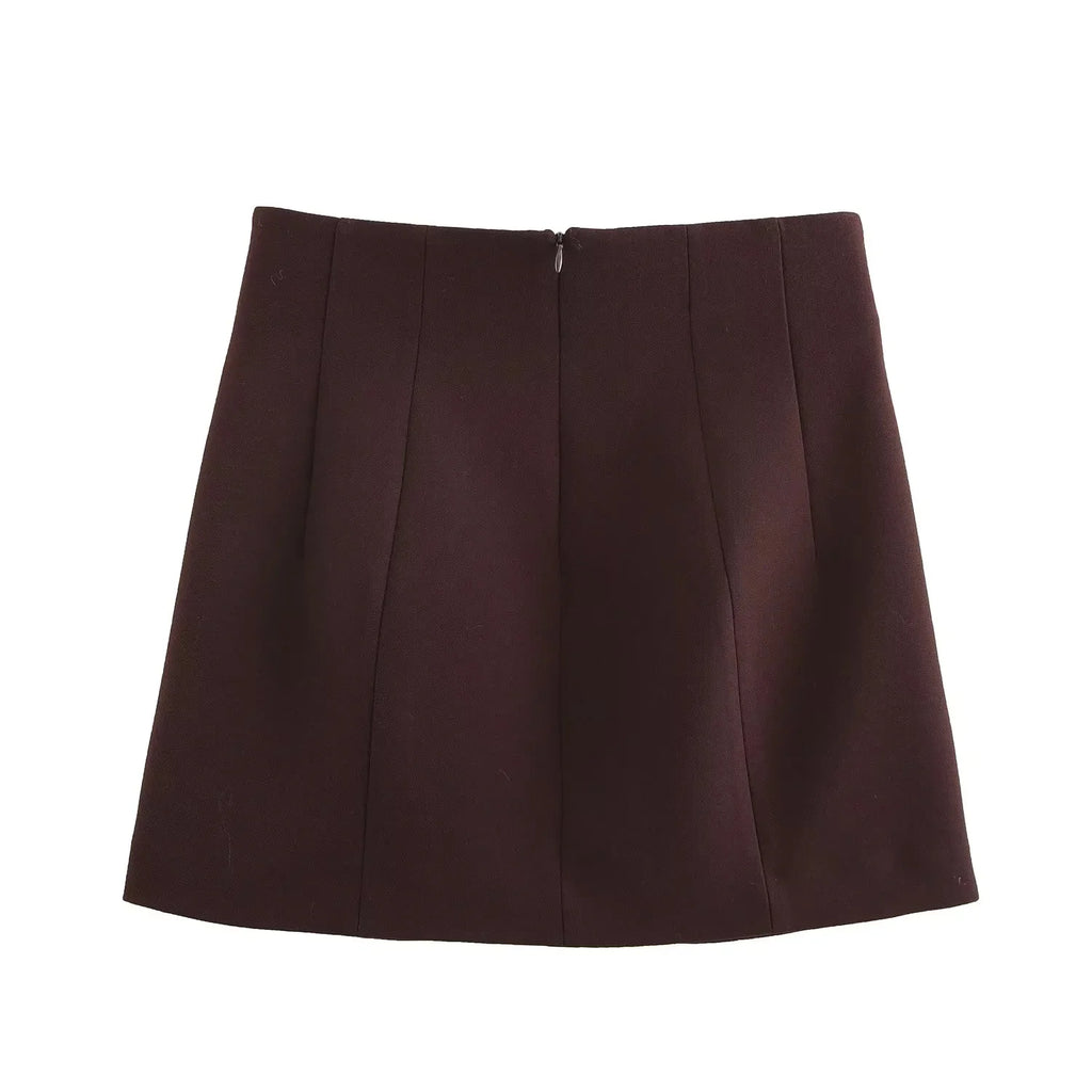 Mini gonna donna caffe a-line - vita media, zip posteriore, plissettata