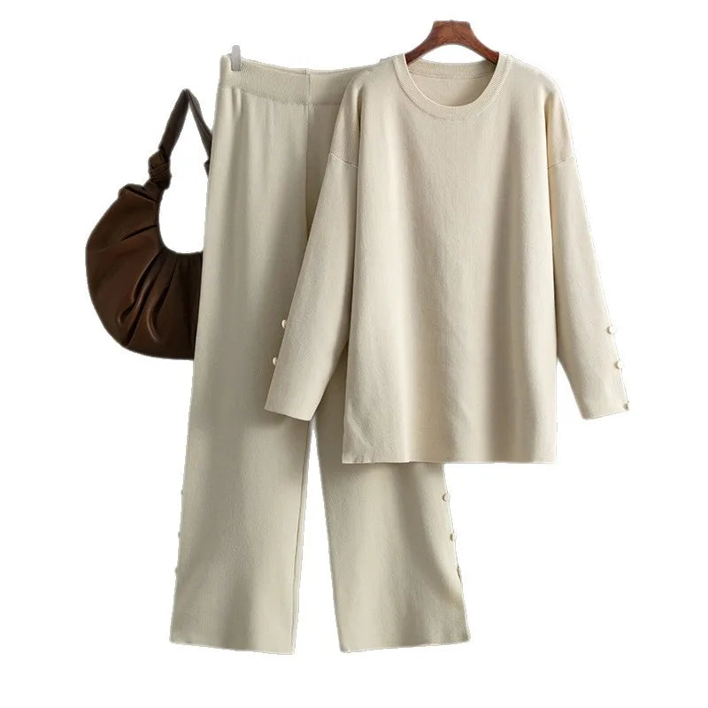 Completo donna casual knitted set 2 pezzi albicocca ivory - top o-neck e pantaloni gamba larga