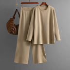 Completo donna casual knitted set 2 pezzi cachi - top o-neck e pantaloni gamba larga con bottoni laterali