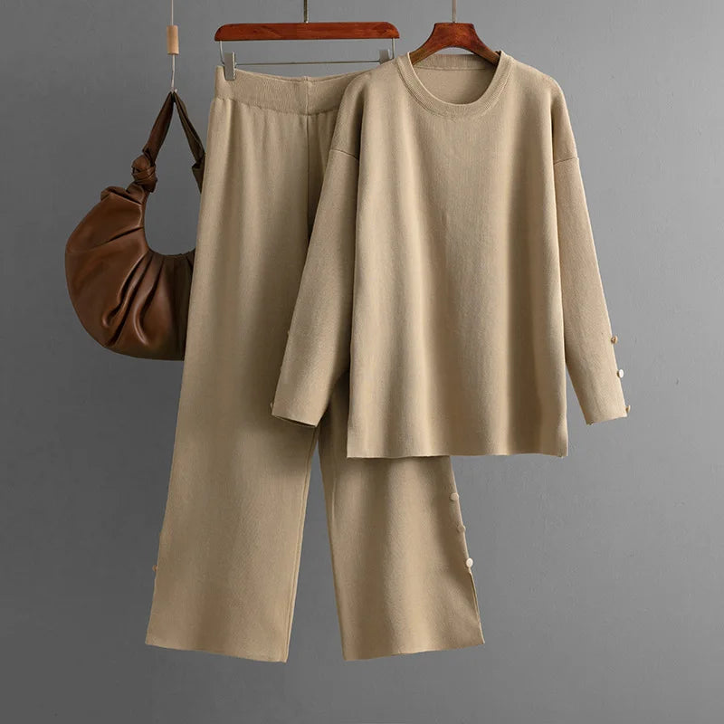 Completo donna casual knitted set 2 pezzi cachi - top o-neck e pantaloni gamba larga con bottoni laterali