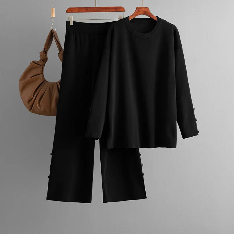 Completo donna casual knitted set 2 pezzi nero - top o-neck e pantaloni gamba larga con bottoni laterali