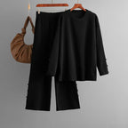 Completo donna casual knitted set 2 pezzi nero - top o-neck e pantaloni gamba larga con bottoni laterali