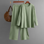 Completo donna casual knitted set 2 pezzi verde chiaro - top o-neck e pantaloni gamba larga