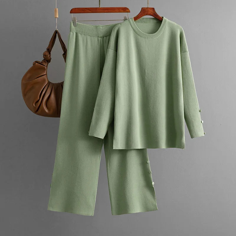 Completo donna casual knitted set 2 pezzi verde chiaro - top o-neck e pantaloni gamba larga