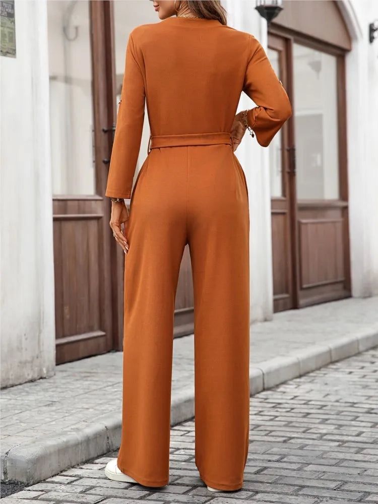 Jumpsuit donna caramello vista posteriore - silhouette wide-leg