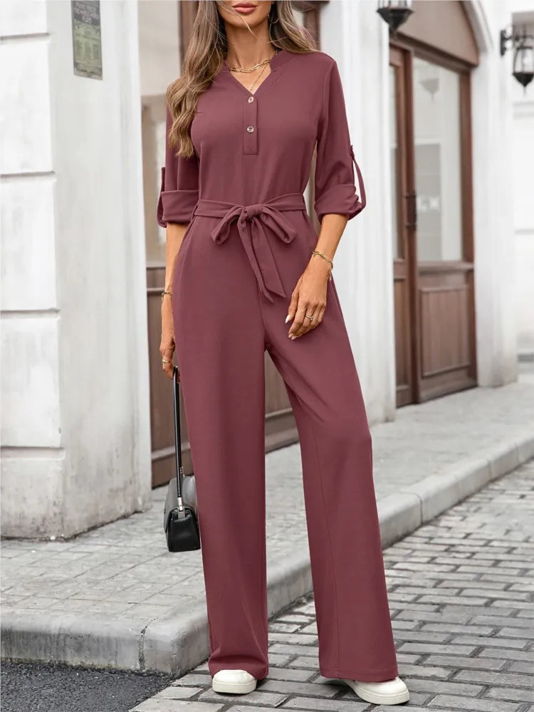 Jumpsuit donna rosso mattone manica lunga con bottoni - vista frontale lifestyle