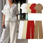 Completo donna 2 pezzi bianco - camicia manica corta tasche e pantaloni wide-leg - vista lifestyle