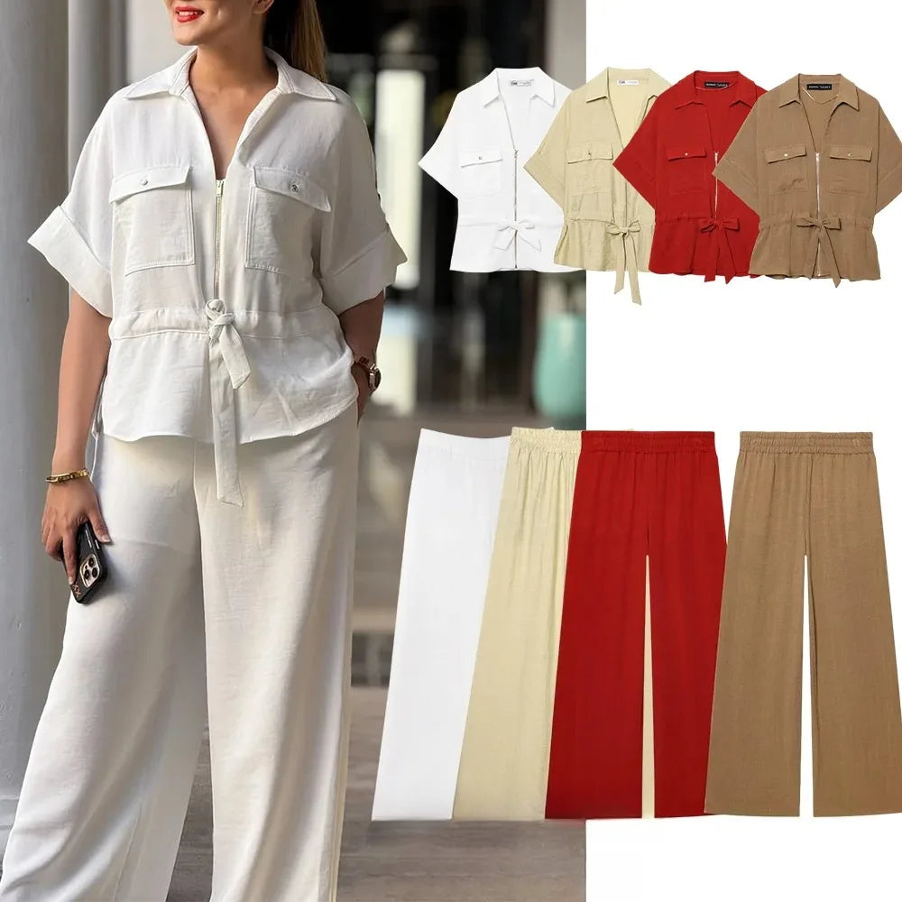 Completo donna 2 pezzi bianco - camicia manica corta tasche e pantaloni wide-leg - vista lifestyle
